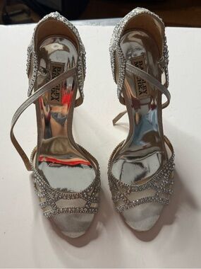 Badgley Mischka Silver Crystal-Strap Evening Heels